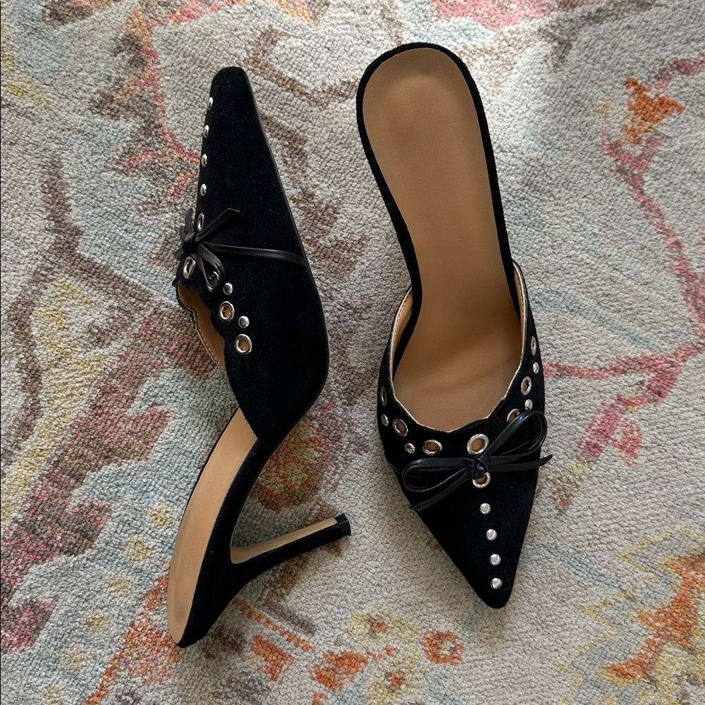 Black Studded Heels with Bow Detail